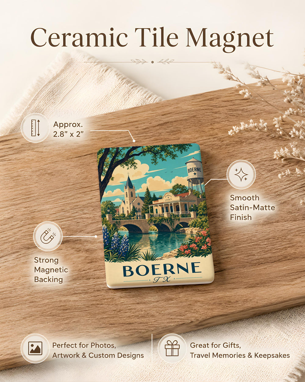 Boerne TX Fridge Magnet, Boerne Texas Souvenir Magnet, Hill Country Travel Gift, Texas Town Keepsake Magnet