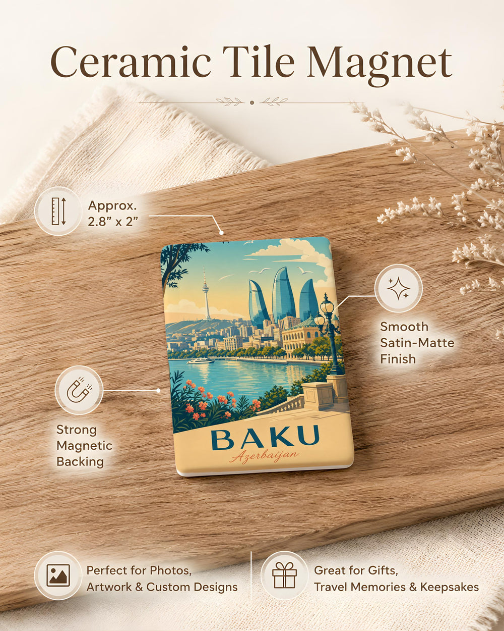 Baku Azerbaijan Fridge Magnet, Baku City Souvenir Magnet, Azerbaijan Travel Gift, Baku Landmark Magnet, Baku Keepsake Magnet
