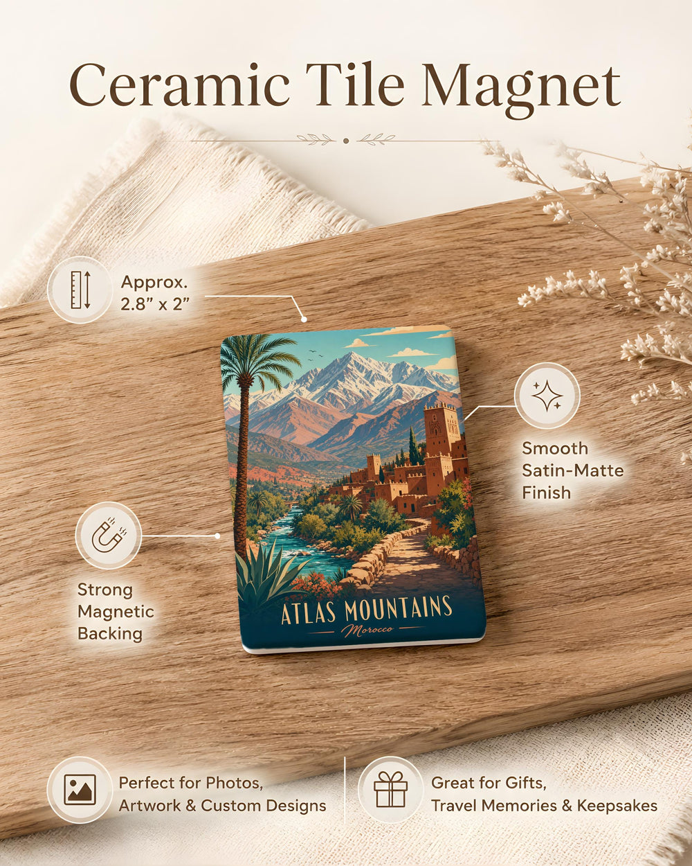Atlas Mountains Fridge Magnet, Morocco Mountain Range Souvenir, Atlas Peaks Travel Keepsake Magnet