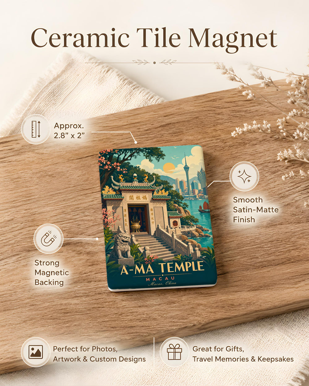 A-Ma Temple Fridge Magnet, Macau A-Ma Temple Souvenir Magnet, Temple Landmark Gift, Travel Keepsake Magnet