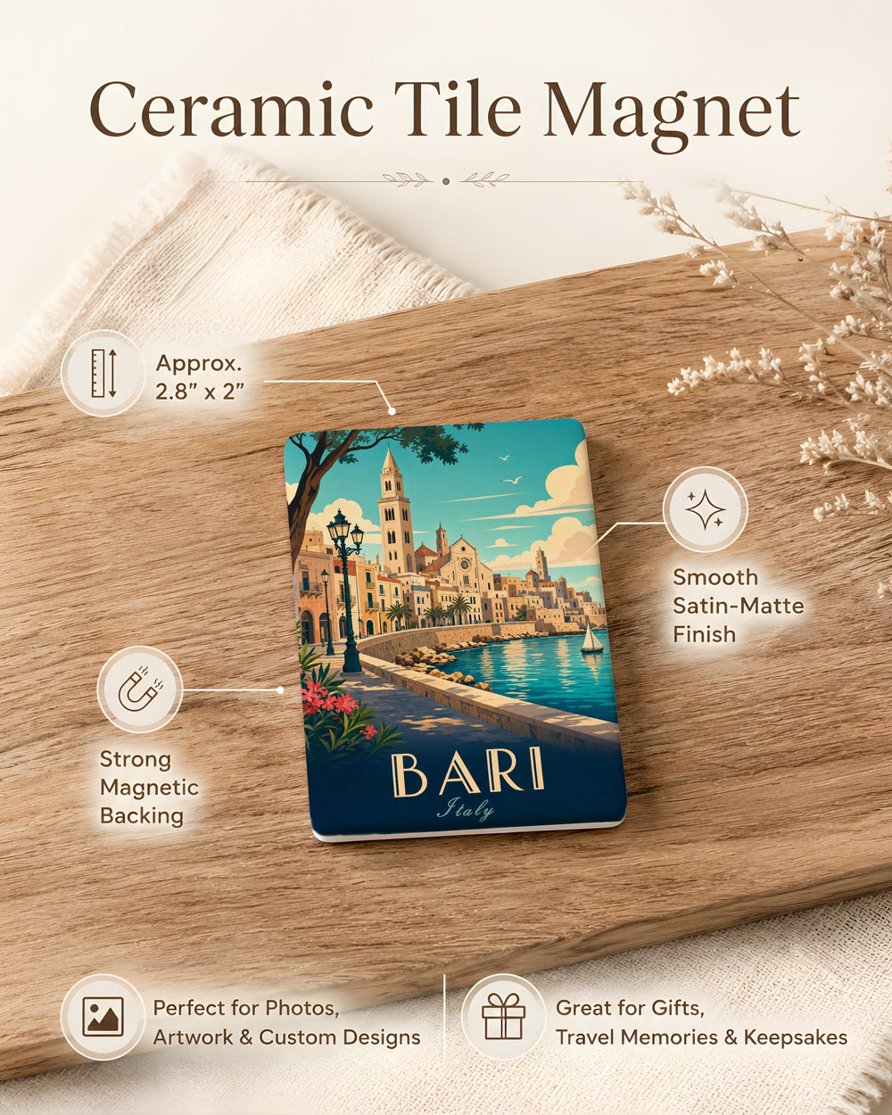 Bari Italy Fridge Magnet, Bari Souvenir Magnet, Puglia Travel Keepsake, Italy City Landmark Refrigerator Magnet