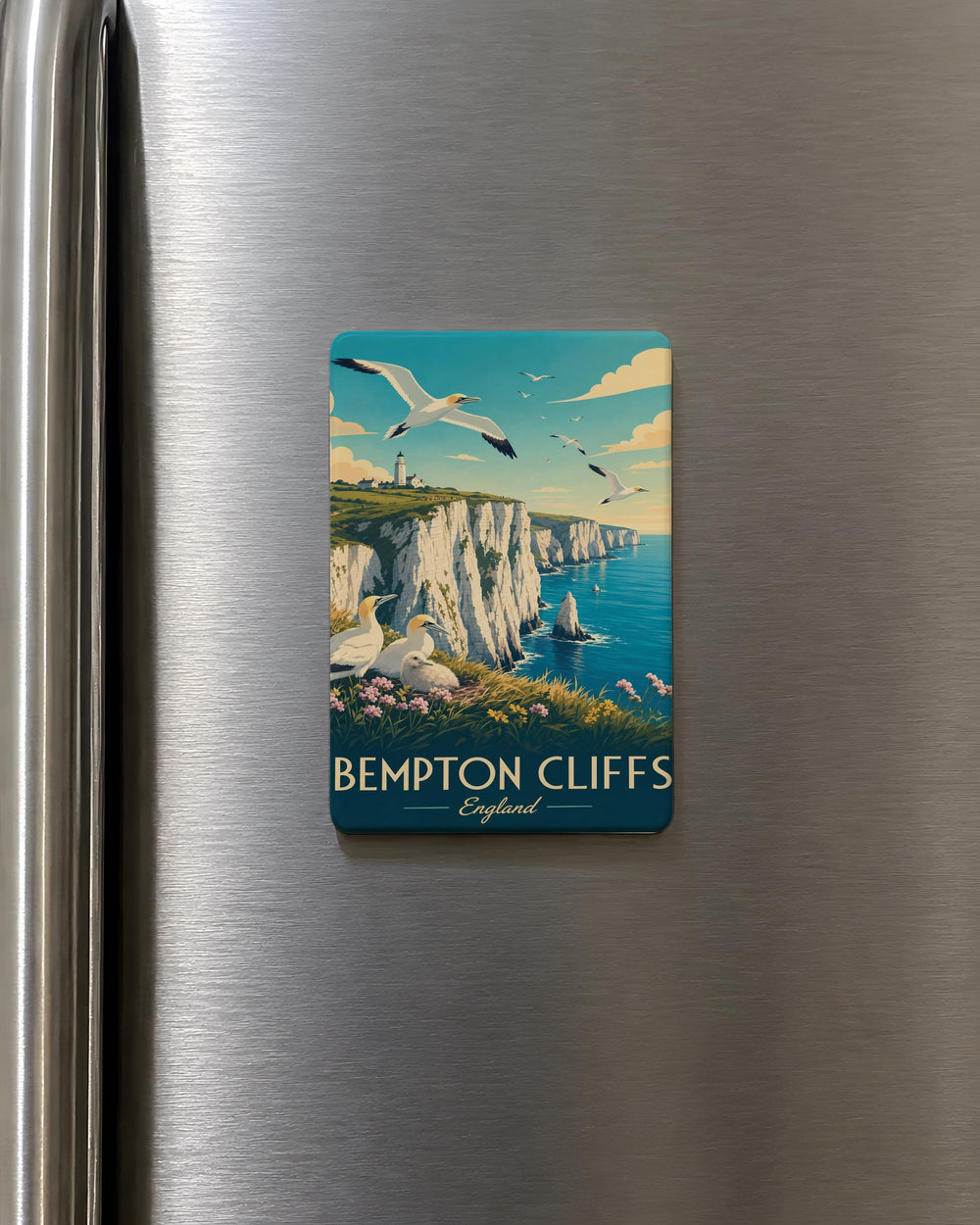 Bempton Cliffs Fridge Magnet, Yorkshire Coastal Cliffs, Seabirds and Puffins, UK Seaside Souvenir Magnet