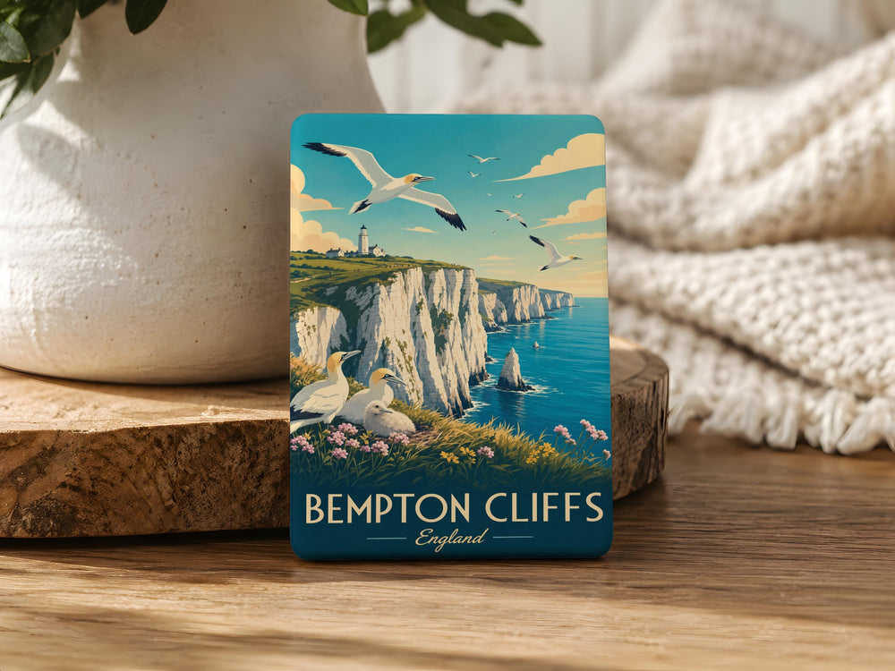 Bempton Cliffs Fridge Magnet, Yorkshire Coastal Cliffs, Seabirds and Puffins, UK Seaside Souvenir Magnet