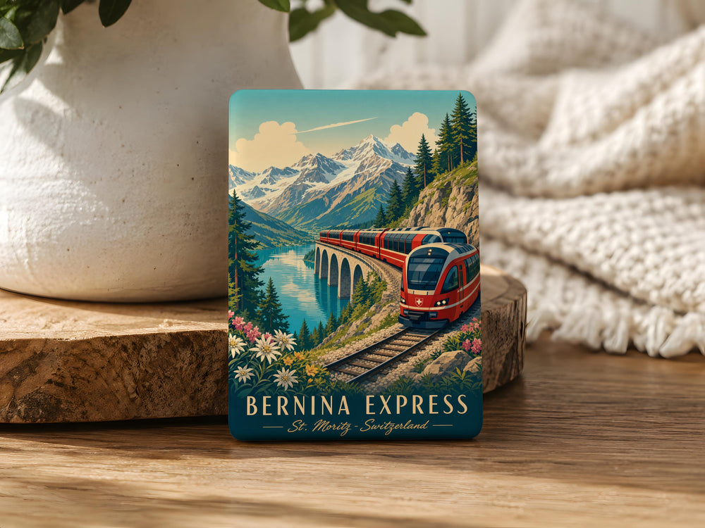 Bernina Express Train Fridge Magnet, Swiss Alps Scenic Railway Souvenir Magnet, Switzerland Travel Gift Magnet