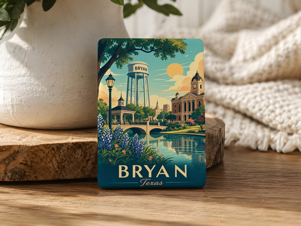 Bryan TX Fridge Magnet, Bryan Texas Souvenir Magnet, City Landmark Travel Keepsake, Texas Gift for Home Kitchen Decor