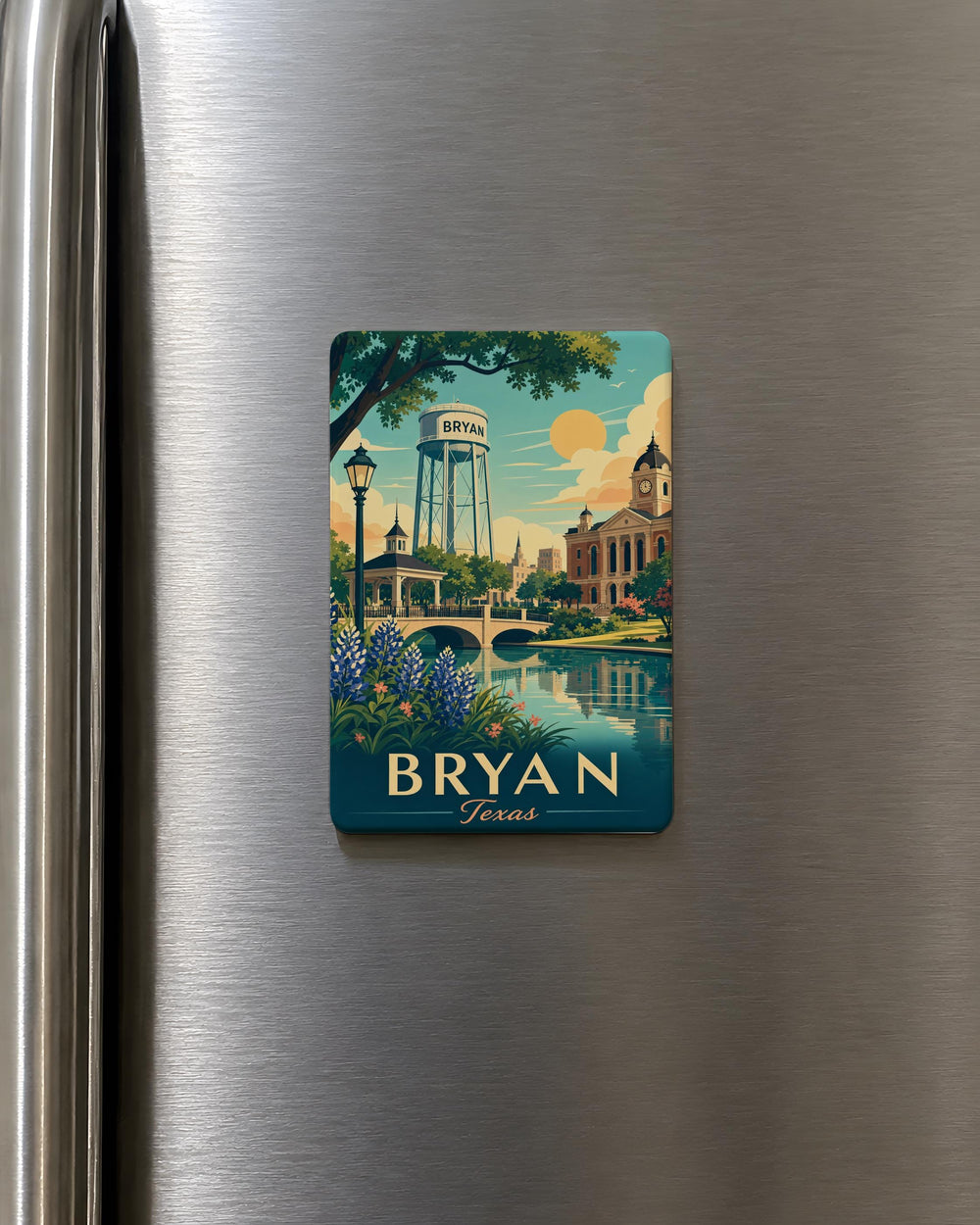 Bryan TX Fridge Magnet, Bryan Texas Souvenir Magnet, City Landmark Travel Keepsake, Texas Gift for Home Kitchen Decor