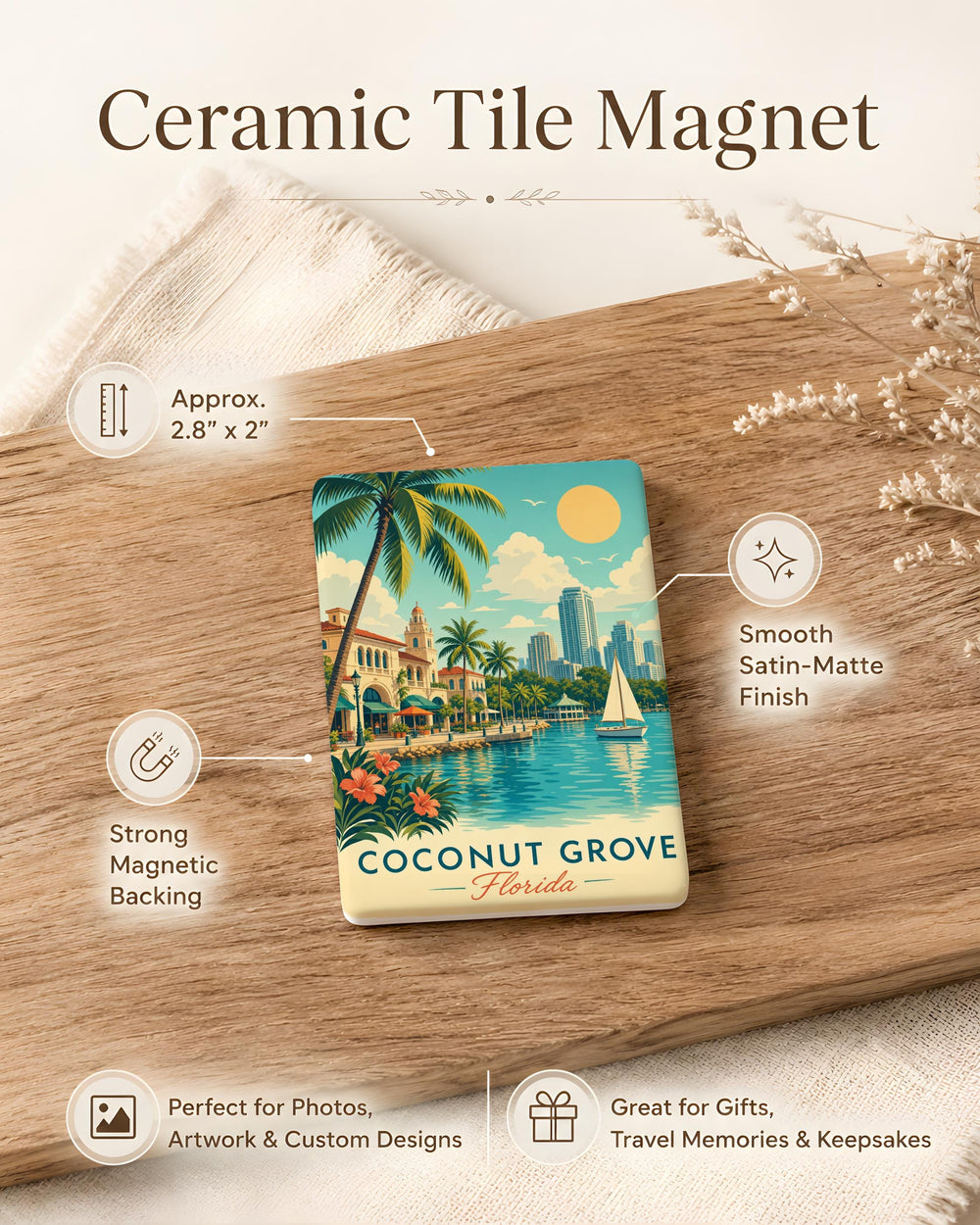 Coconut Grove Florida Fridge Magnet, Coconut Grove Miami Souvenir Magnet, Florida Travel Gift, Coastal Neighborhood Keepsake Magnet