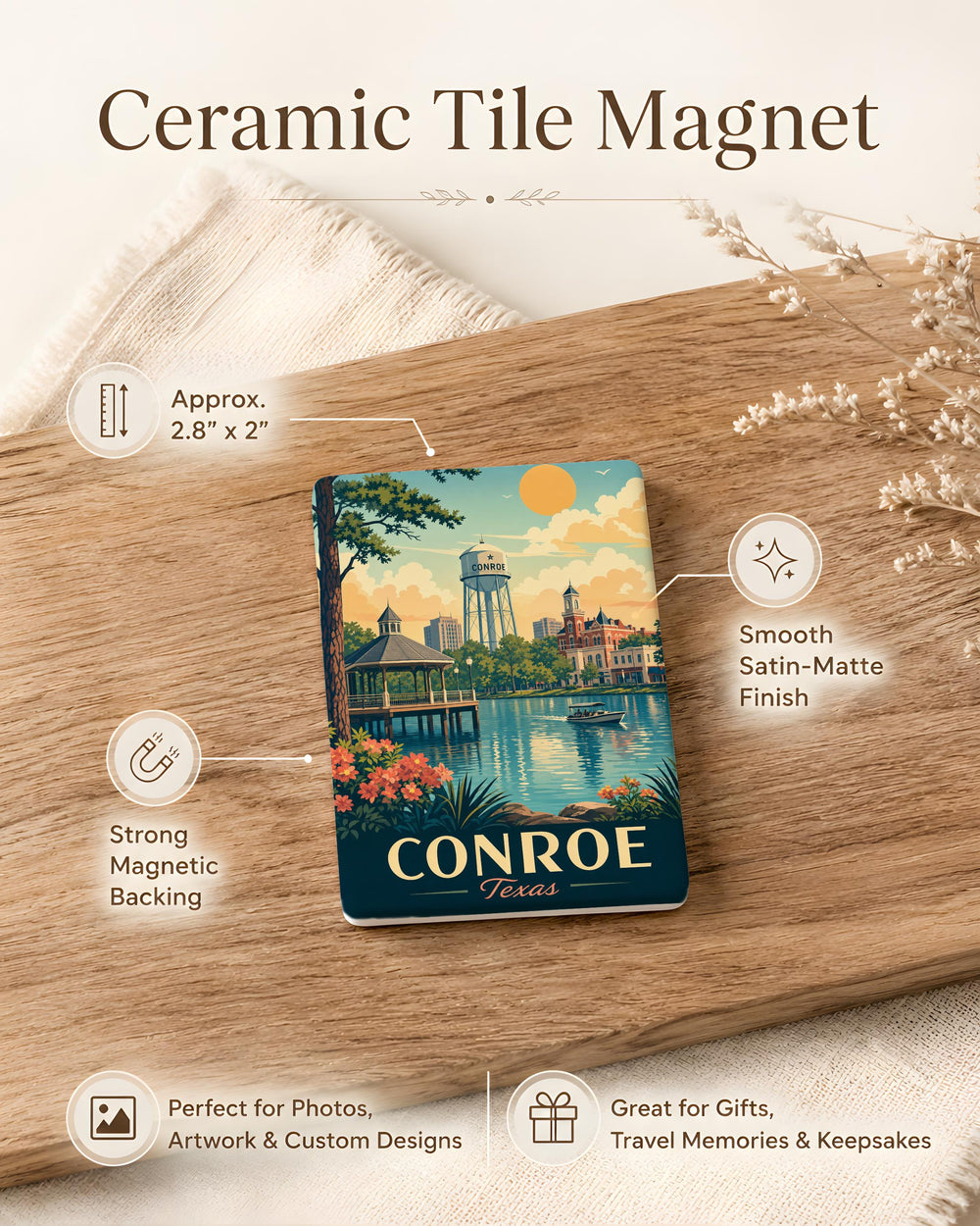 Conroe TX Fridge Magnet, Conroe Texas Souvenir Magnet, Texas Travel Keepsake, Conroe City Landmark Gift, Lone Star State Magnet