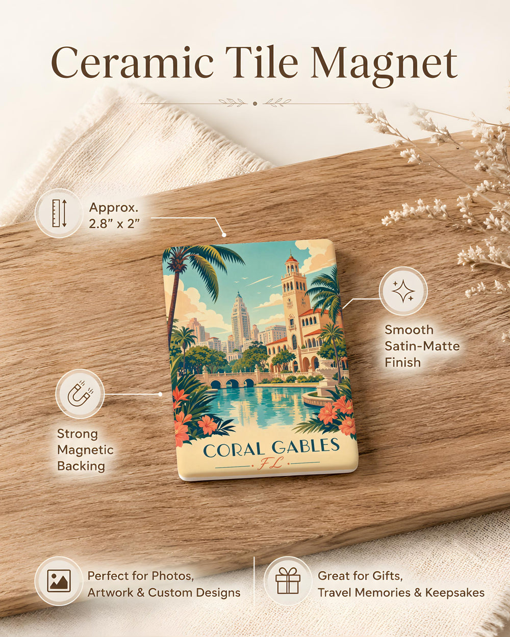 Coral Gables FL Fridge Magnet, Florida Souvenir Magnet, Coral Gables Travel Gift, City Landmark Keepsake Magnet
