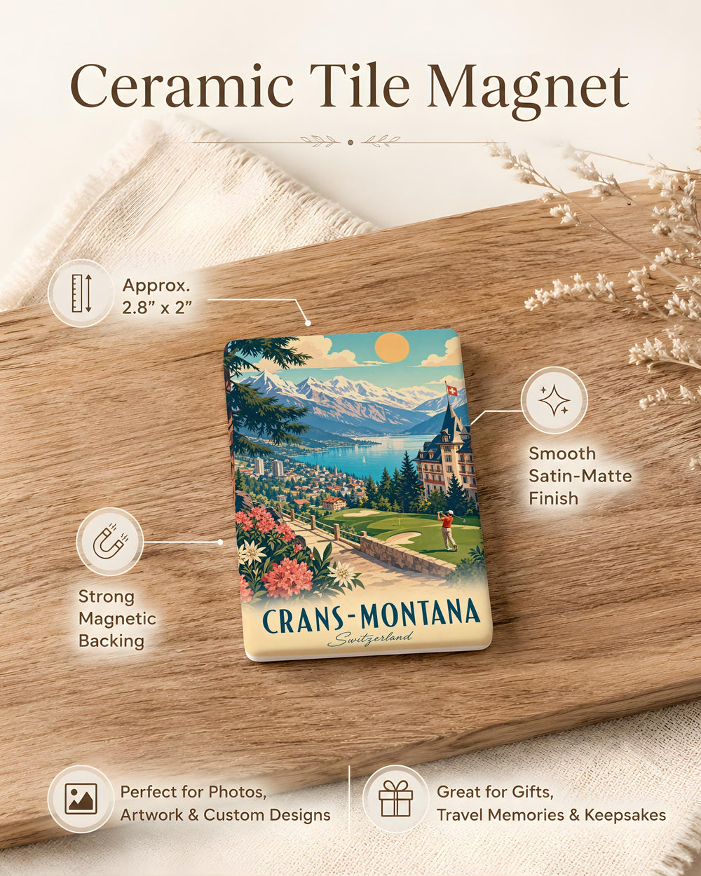 Crans-Montana Switzerland Fridge Magnet, Alpine Mountain Resort Souvenir Magnet, Swiss Travel Keepsake Gift