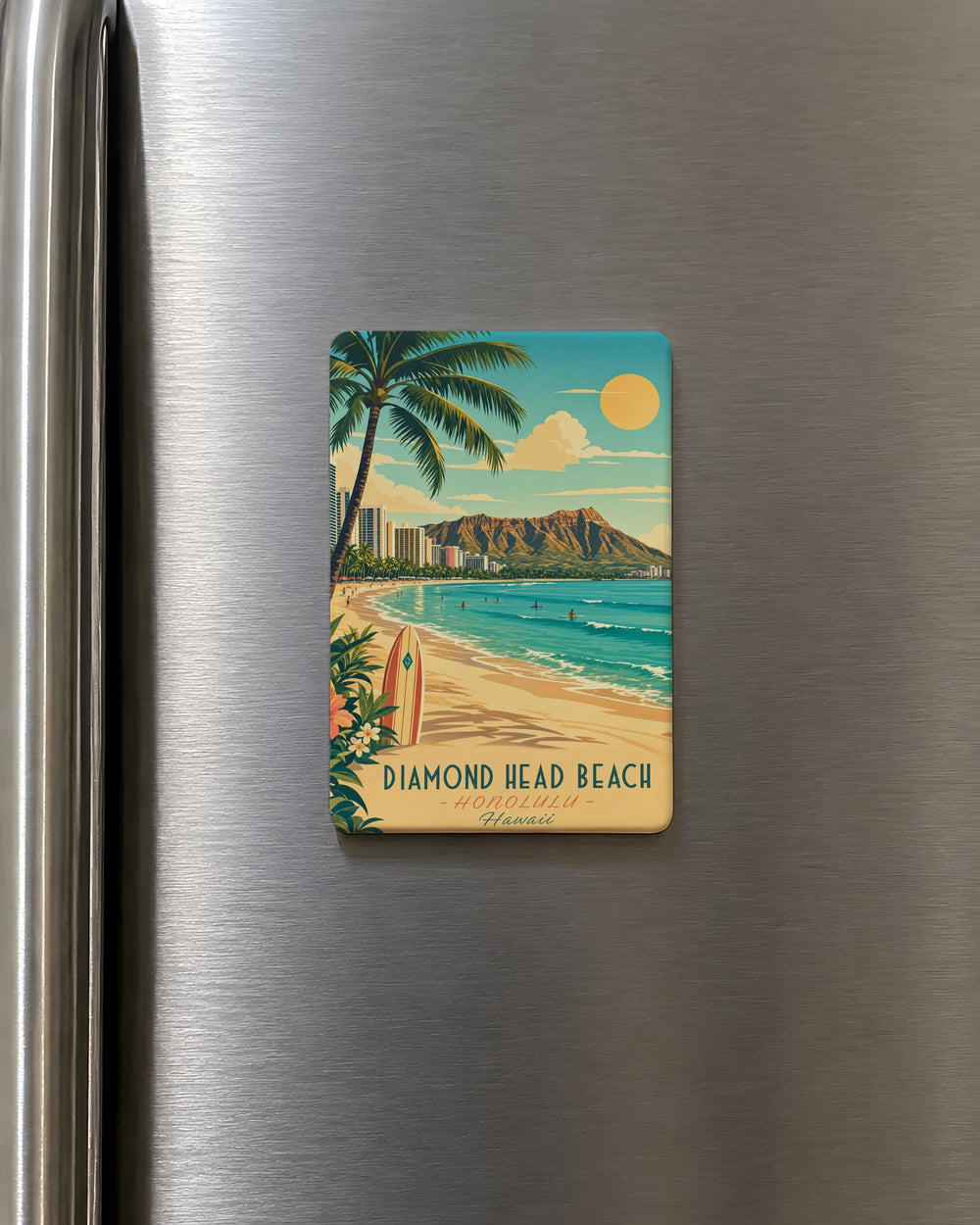 Diamond Head Beach Fridge Magnet, Hawaii Coastal Landmark Souvenir, Ocean Shore Travel Keepsake Magnet