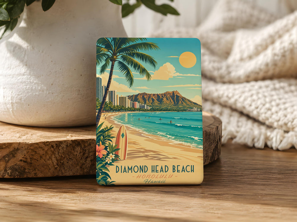 Diamond Head Beach Fridge Magnet, Hawaii Coastal Landmark Souvenir, Ocean Shore Travel Keepsake Magnet