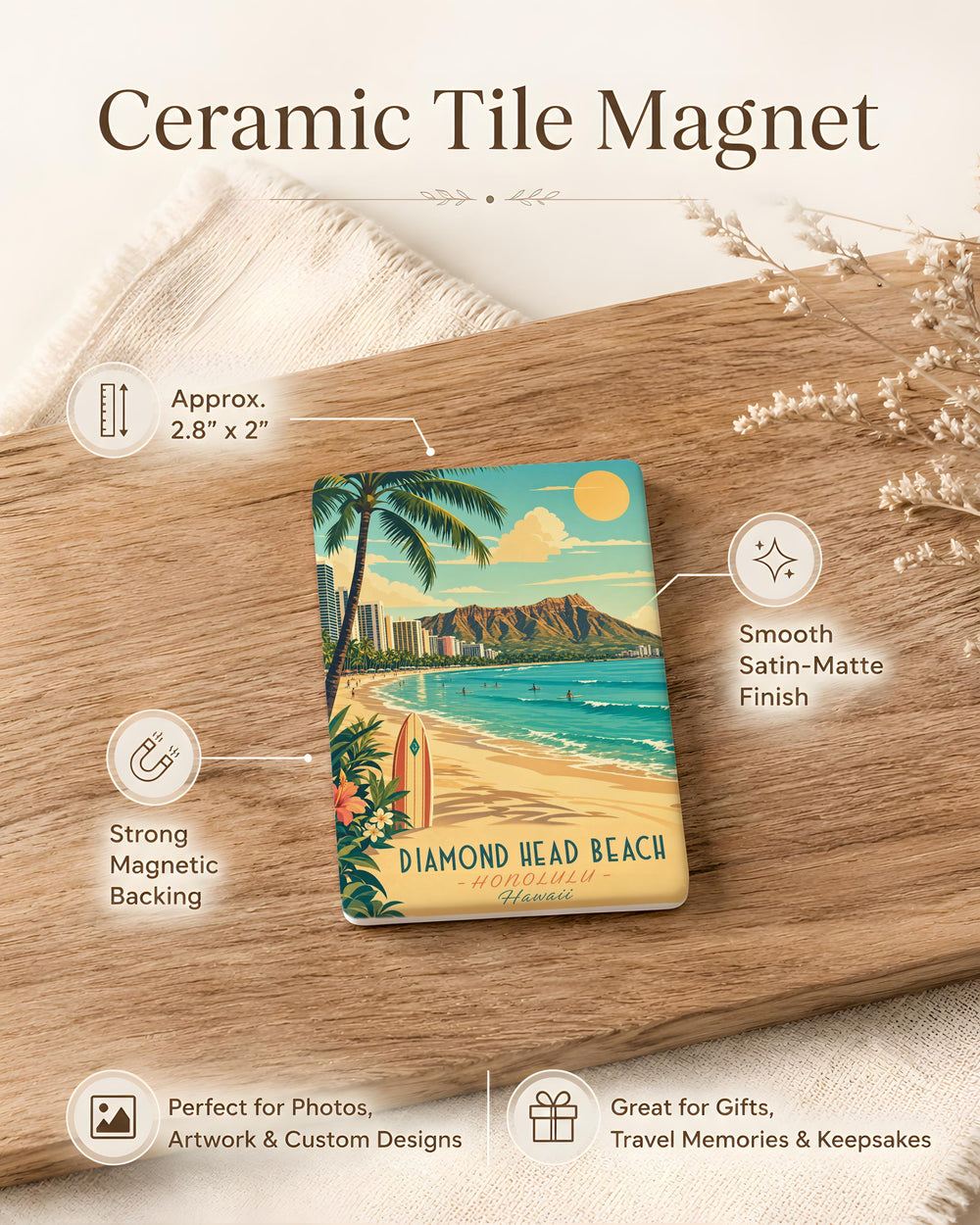Diamond Head Beach Fridge Magnet, Hawaii Coastal Landmark Souvenir, Ocean Shore Travel Keepsake Magnet