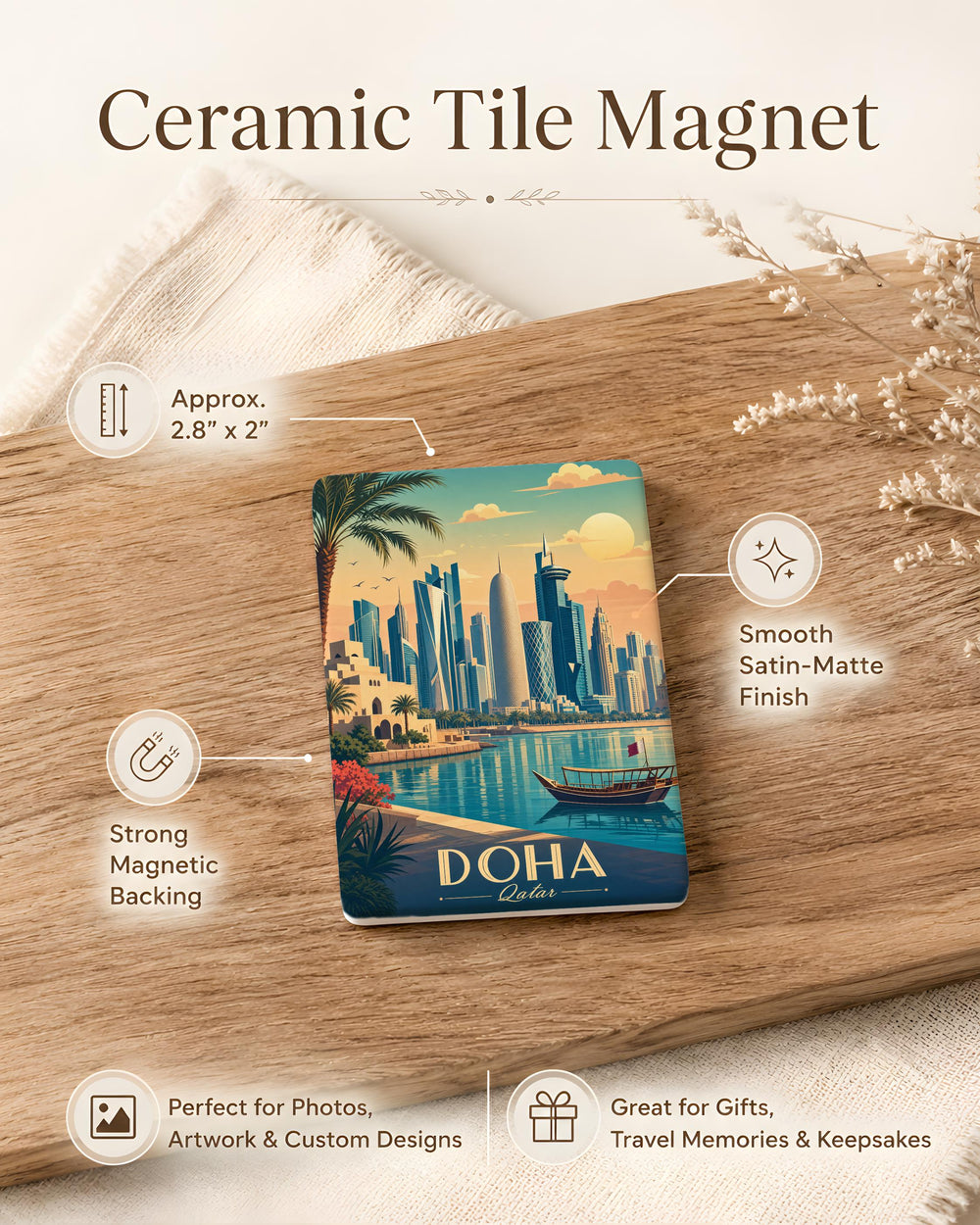 Doha Skyline Fridge Magnet, Qatar Cityscape Souvenir Magnet, Doha City Landmark Magnet, Middle East Travel Gift Magnet