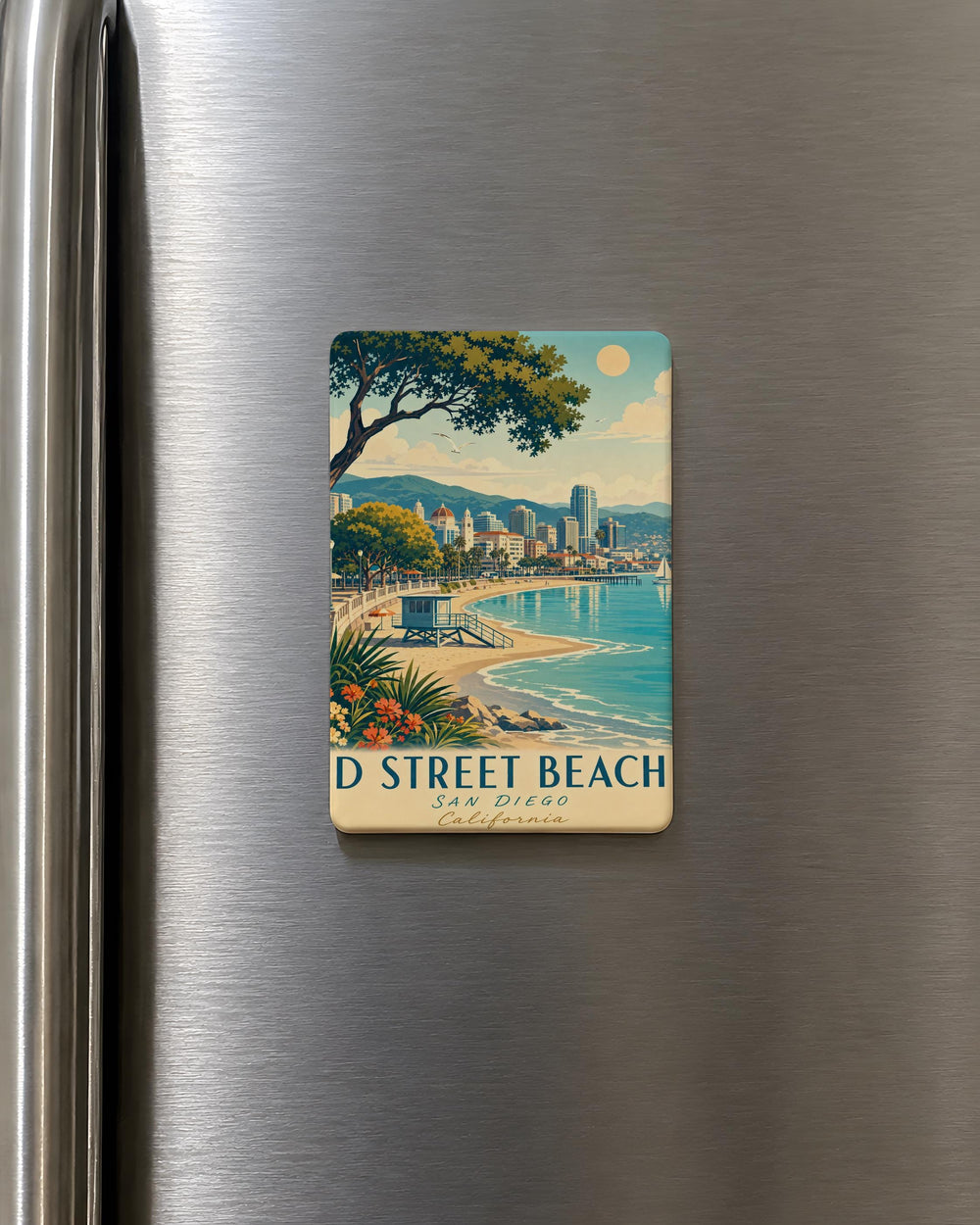 D Street Beach Fridge Magnet, Coastal Beach Scene Souvenir Magnet, Seaside Ocean Shore Travel Gift, Beach Lover Kitchen Decor
