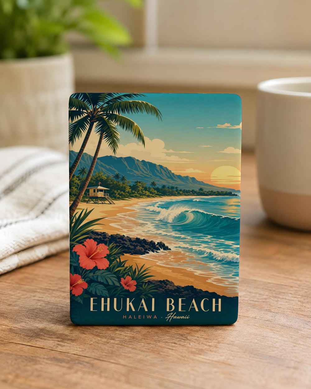 Ehukai Beach Fridge Magnet, North Shore Oahu Hawaii Coastal Surf Beach Scene Souvenir Magnet
