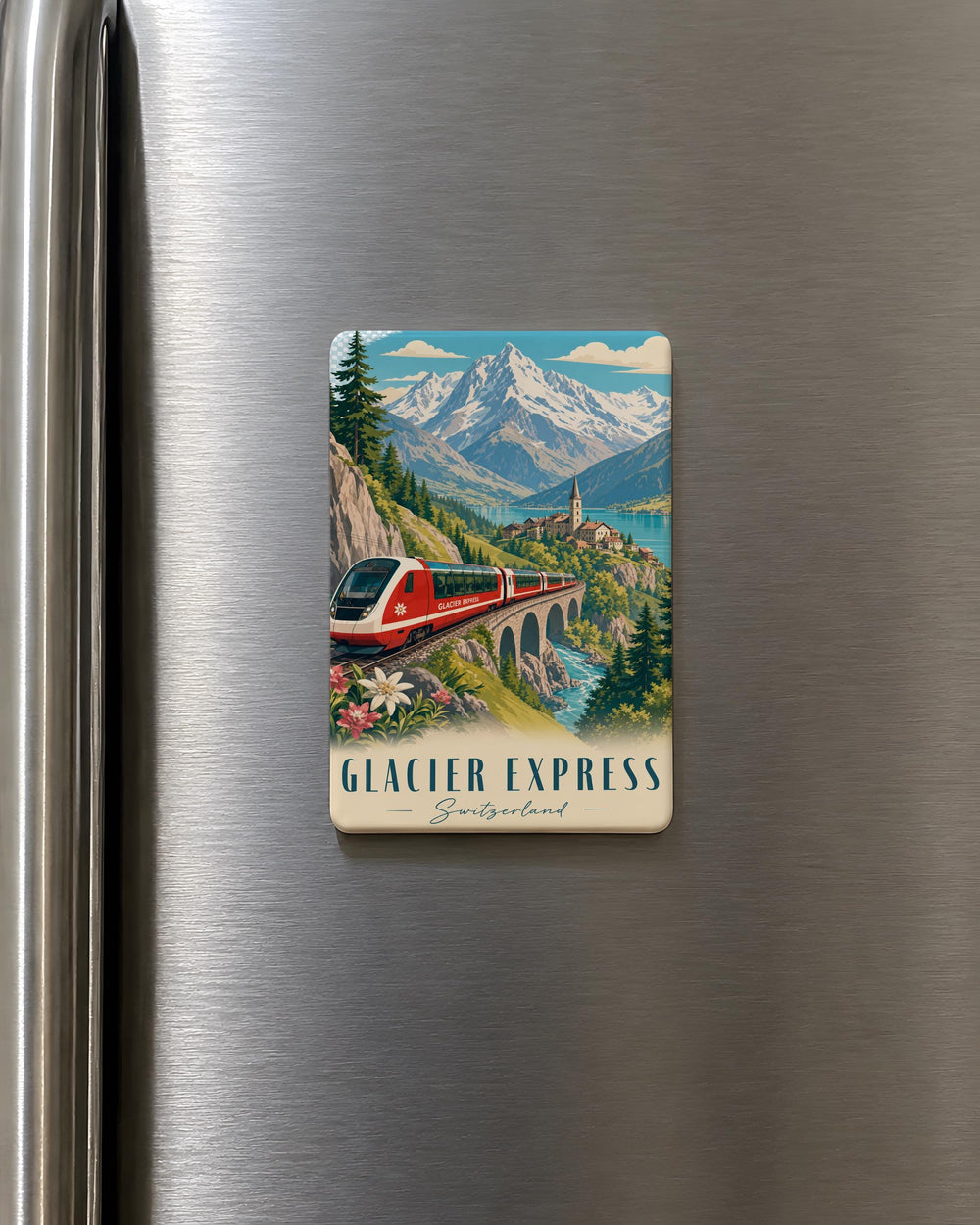 Glacier Express Train Fridge Magnet, Swiss Alps Railway Souvenir Magnet, Scenic Mountain Rail Travel Keepsake Gift