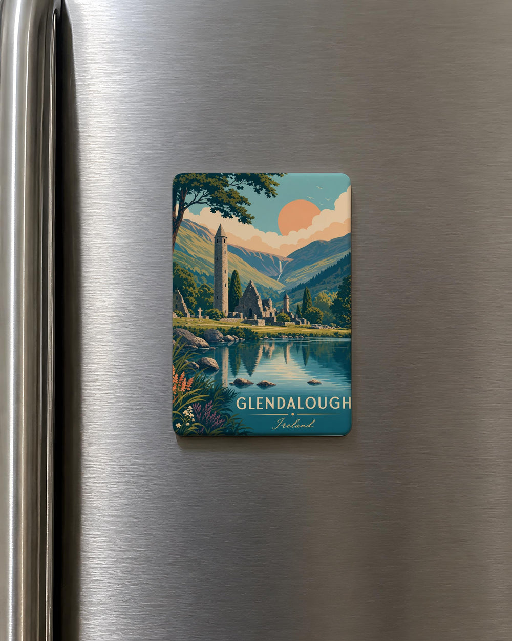 Glendalough Fridge Magnet, Ireland Wicklow Monastic Site, Round Tower and Lakes Souvenir Magnet, Irish Travel Gift