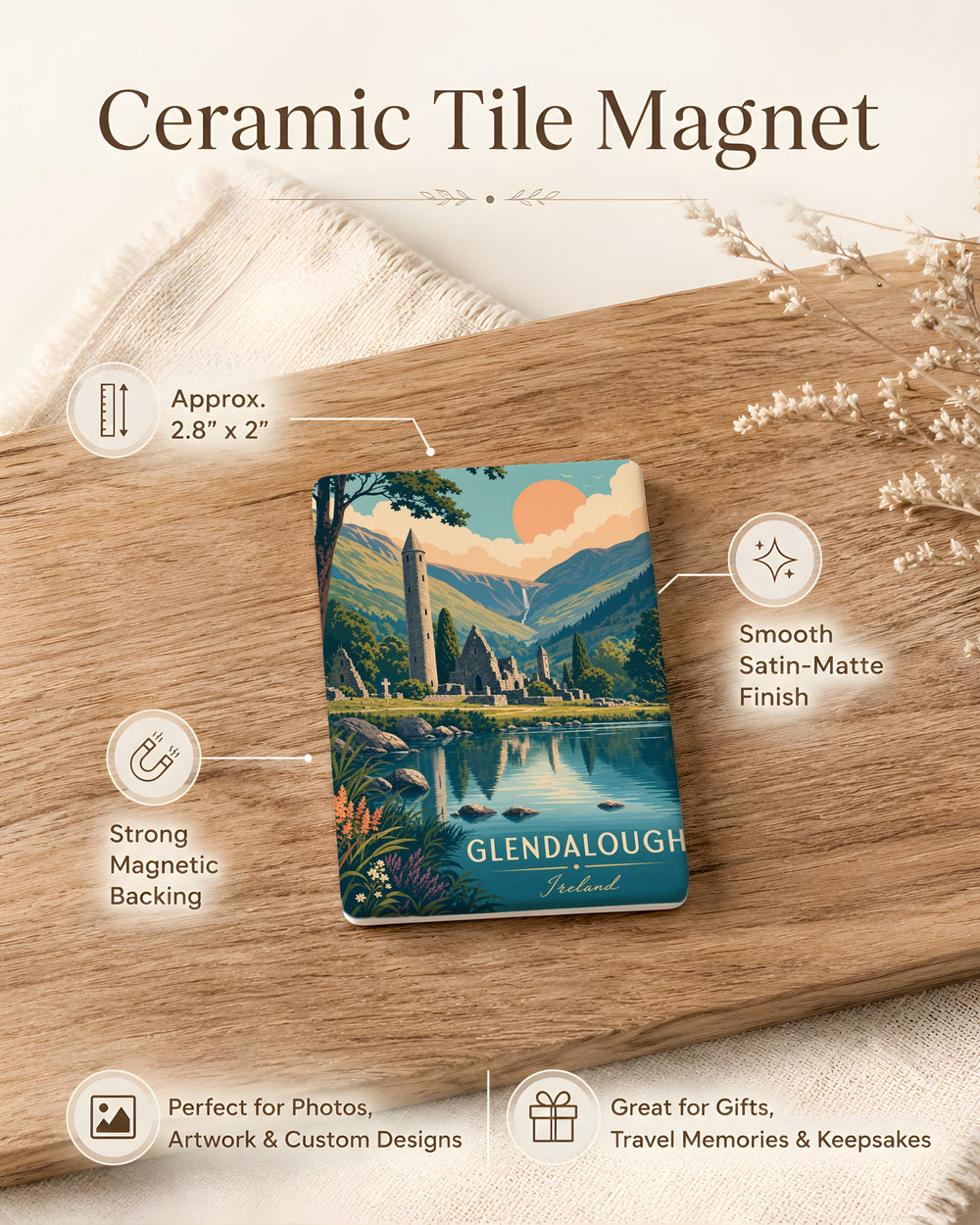 Glendalough Fridge Magnet, Ireland Wicklow Monastic Site, Round Tower and Lakes Souvenir Magnet, Irish Travel Gift