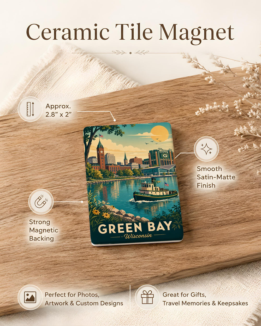 Green Bay Wisconsin Fridge Magnet, Green Bay Souvenir Magnet, Wisconsin Travel Keepsake, Green Bay Landmark Magnet