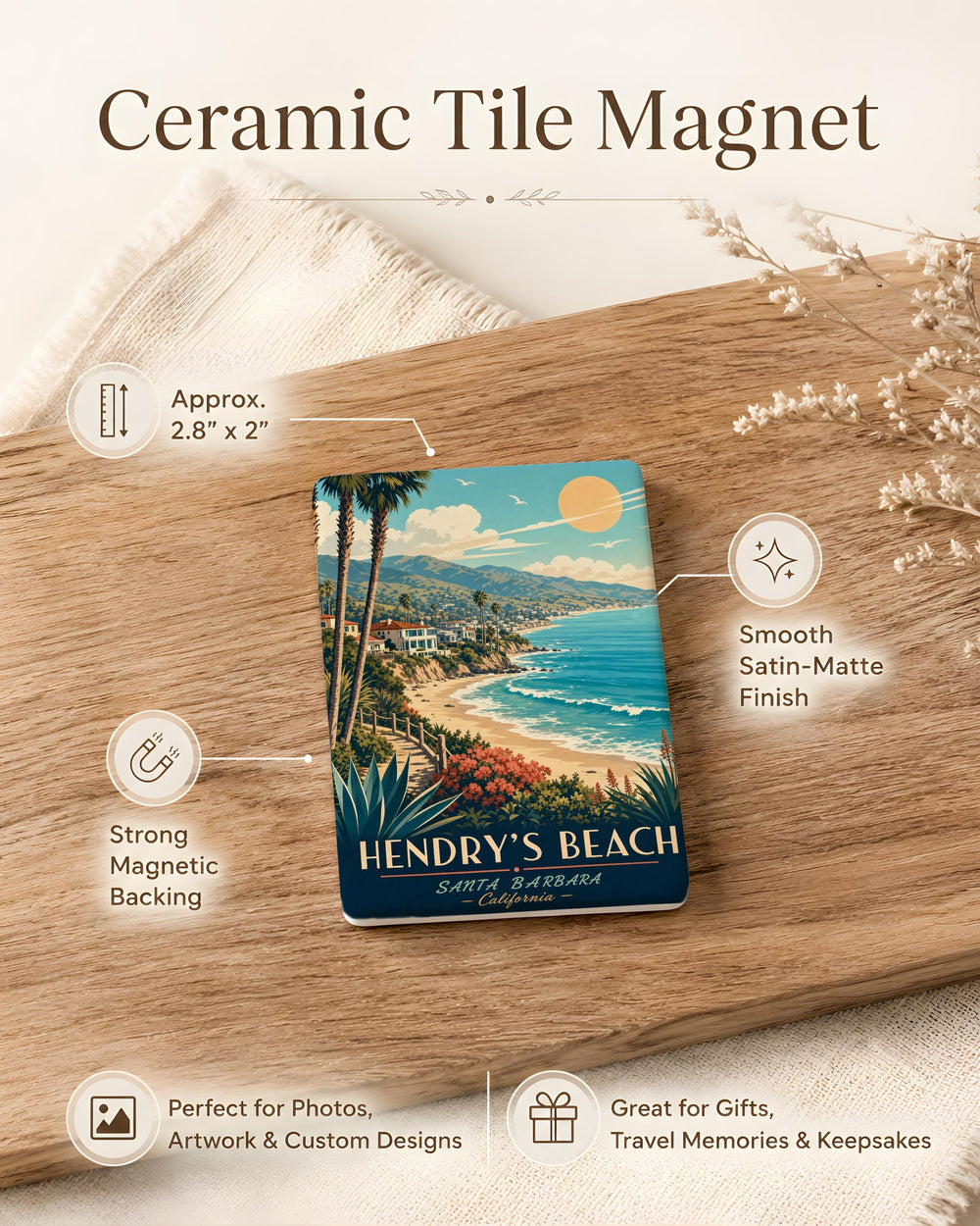 Hendrys Beach Fridge Magnet, Santa Barbara California Coastal Beach Scene Souvenir Magnet, Seaside Travel Gift