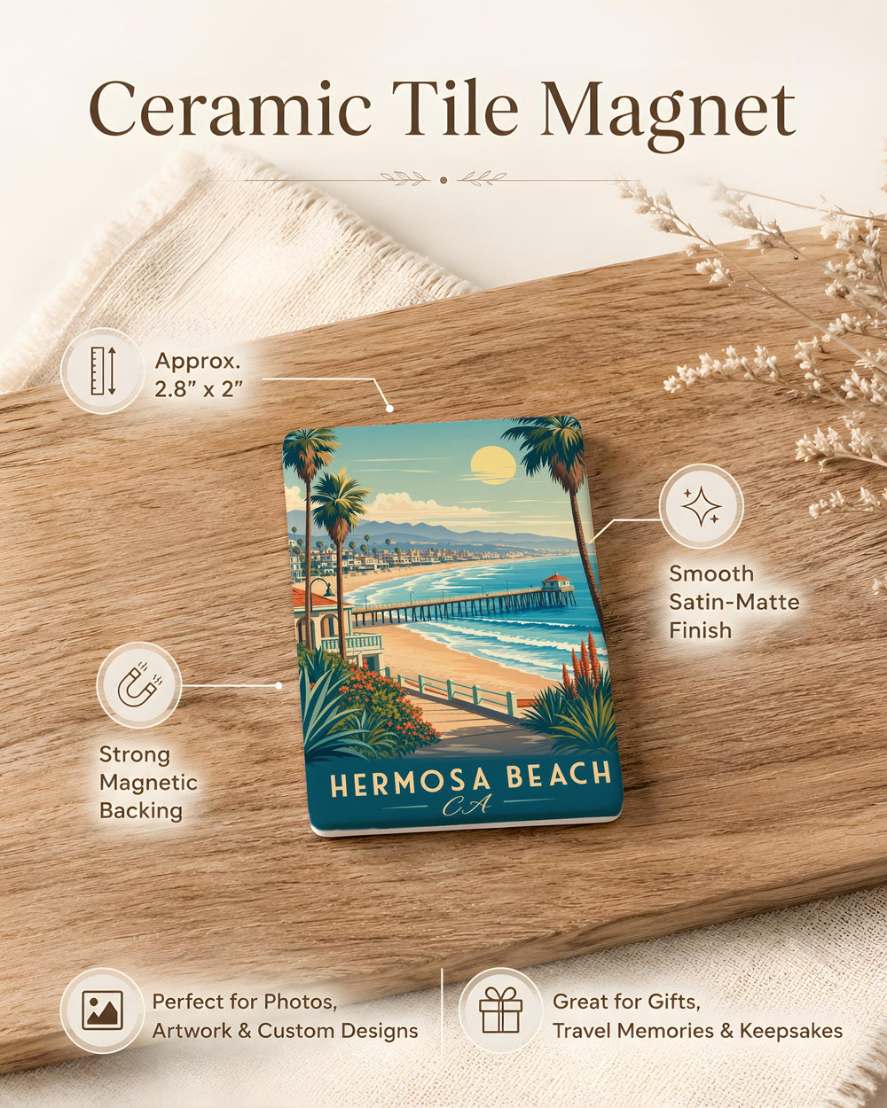 Hermosa Beach CA Fridge Magnet, Hermosa Beach California Souvenir Magnet, Beach Town Coastal Travel Keepsake Magnet