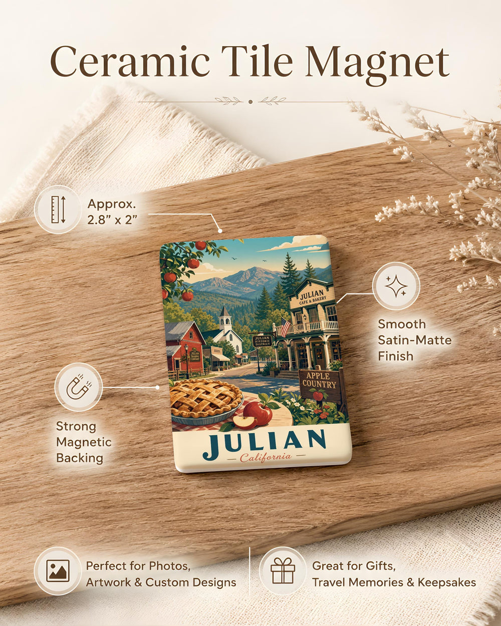 Julian CA Fridge Magnet, Julian California Souvenir Magnet, Mountain Town Travel Gift, San Diego County Keepsake Magnet