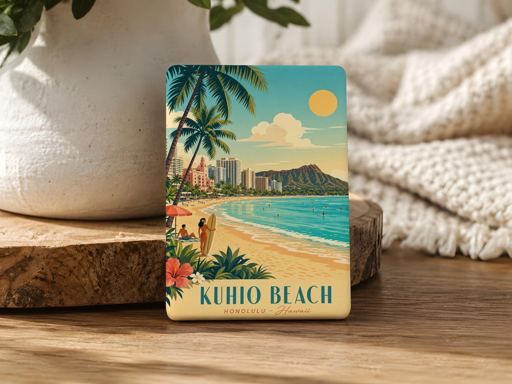 Kuhio Beach Fridge Magnet, Waikiki Hawaii Beach Scene Souvenir Magnet, Ocean Shore Travel Keepsake Magnet