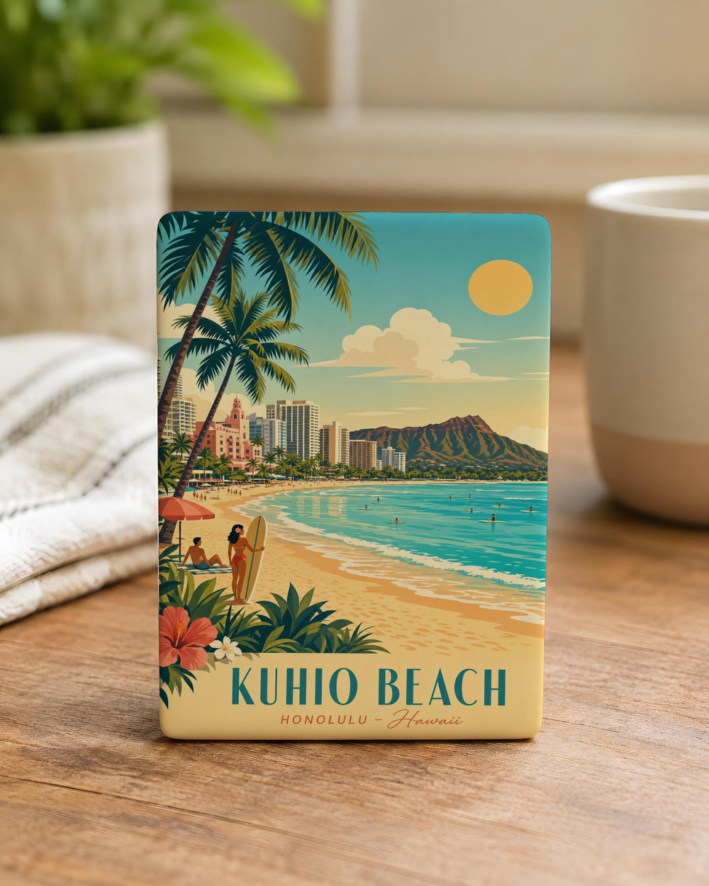 Kuhio Beach Fridge Magnet, Waikiki Hawaii Beach Scene Souvenir Magnet, Ocean Shore Travel Keepsake Magnet