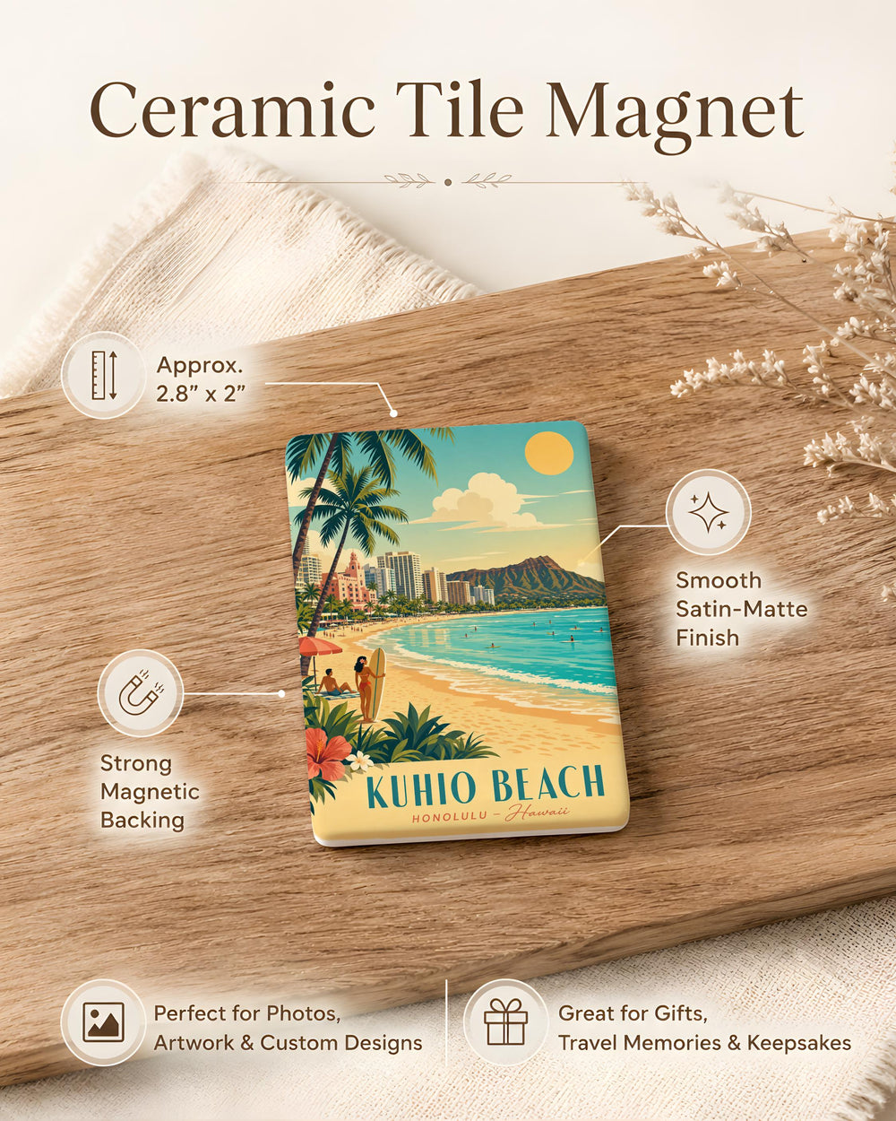 Kuhio Beach Fridge Magnet, Waikiki Hawaii Beach Scene Souvenir Magnet, Ocean Shore Travel Keepsake Magnet