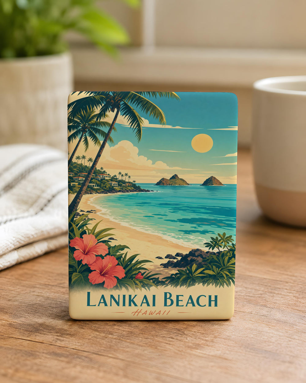 Lanikai Beach Fridge Magnet, Hawaii Coastal Shoreline Souvenir Magnet, Oahu Beach Scene Kitchen Decor Magnet