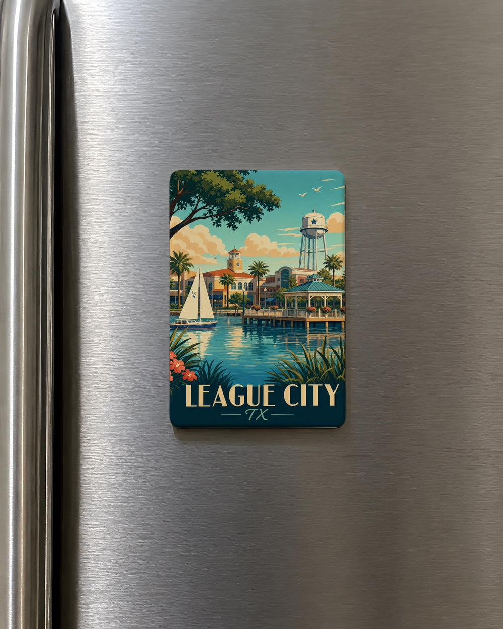 League City TX Fridge Magnet, League City Texas Souvenir Magnet, Gulf Coast Travel Gift, City Landmark Keepsake Magnet