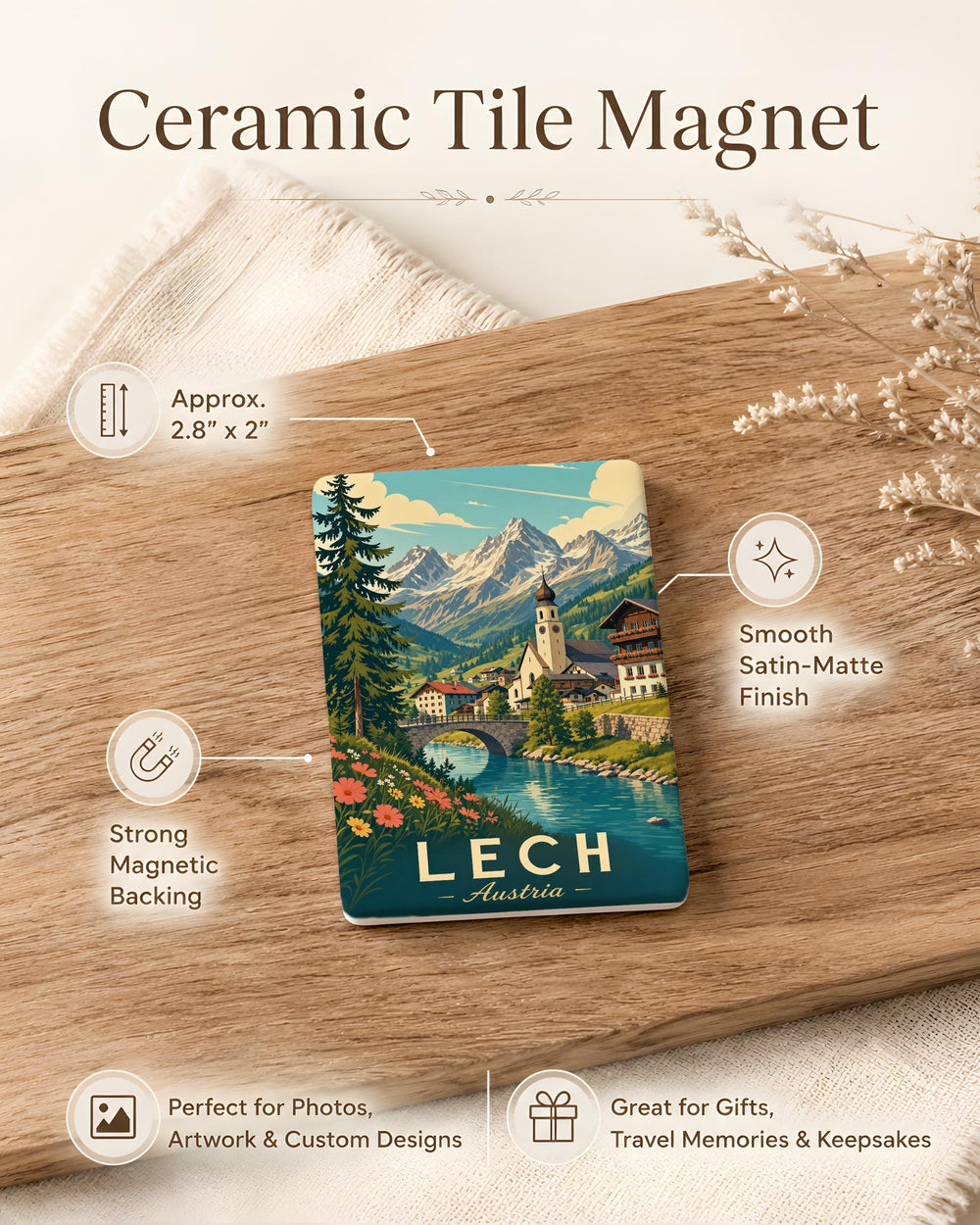 Lech Austria Fridge Magnet, Lech am Arlberg Souvenir Magnet, Austrian Alps Travel Gift, Tirol Mountain Town Keepsake Magnet