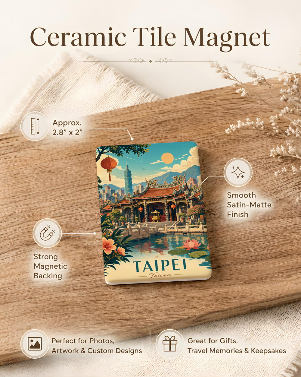 Longshan Temple Taipei Fridge Magnet, Taiwan Landmark Souvenir Magnet, Taipei Travel Gift, Temple Architecture Magnet
