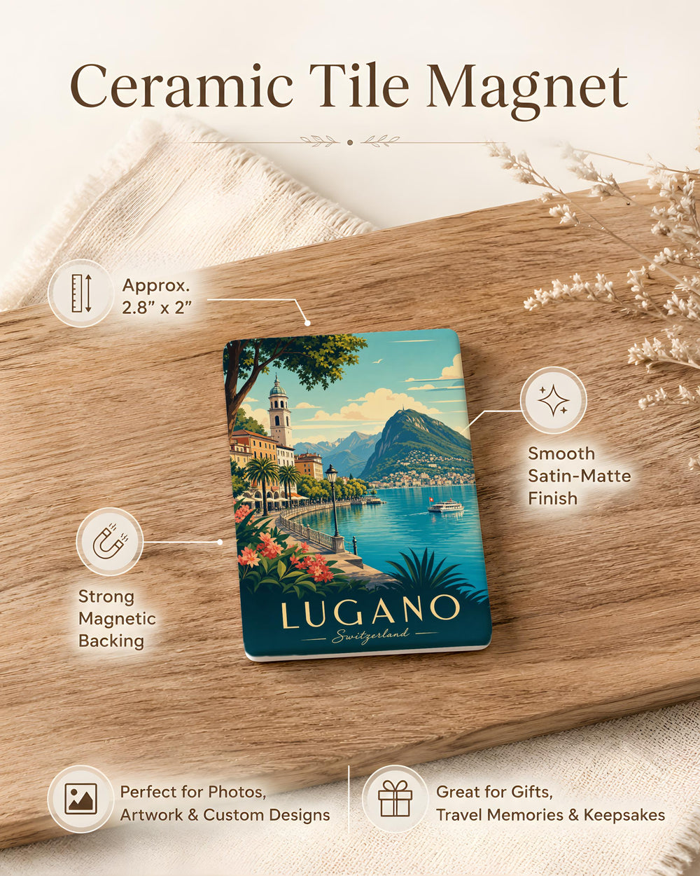 Lugano Switzerland Fridge Magnet, Lake Lugano Souvenir Magnet, Swiss Travel Gift, Lugano City Landmark Magnet