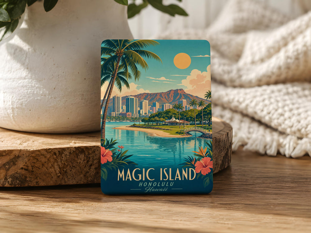 Magic Island Fridge Magnet, Tropical Island Paradise, Palm Trees Beach Ocean Scene Souvenir Magnet, Hawaii Island Gift