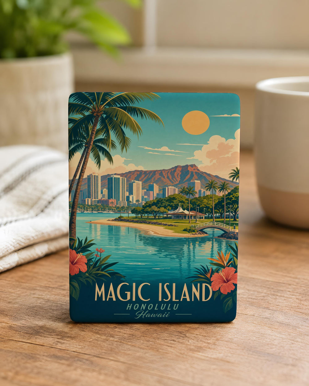 Magic Island Fridge Magnet, Tropical Island Paradise, Palm Trees Beach Ocean Scene Souvenir Magnet, Hawaii Island Gift