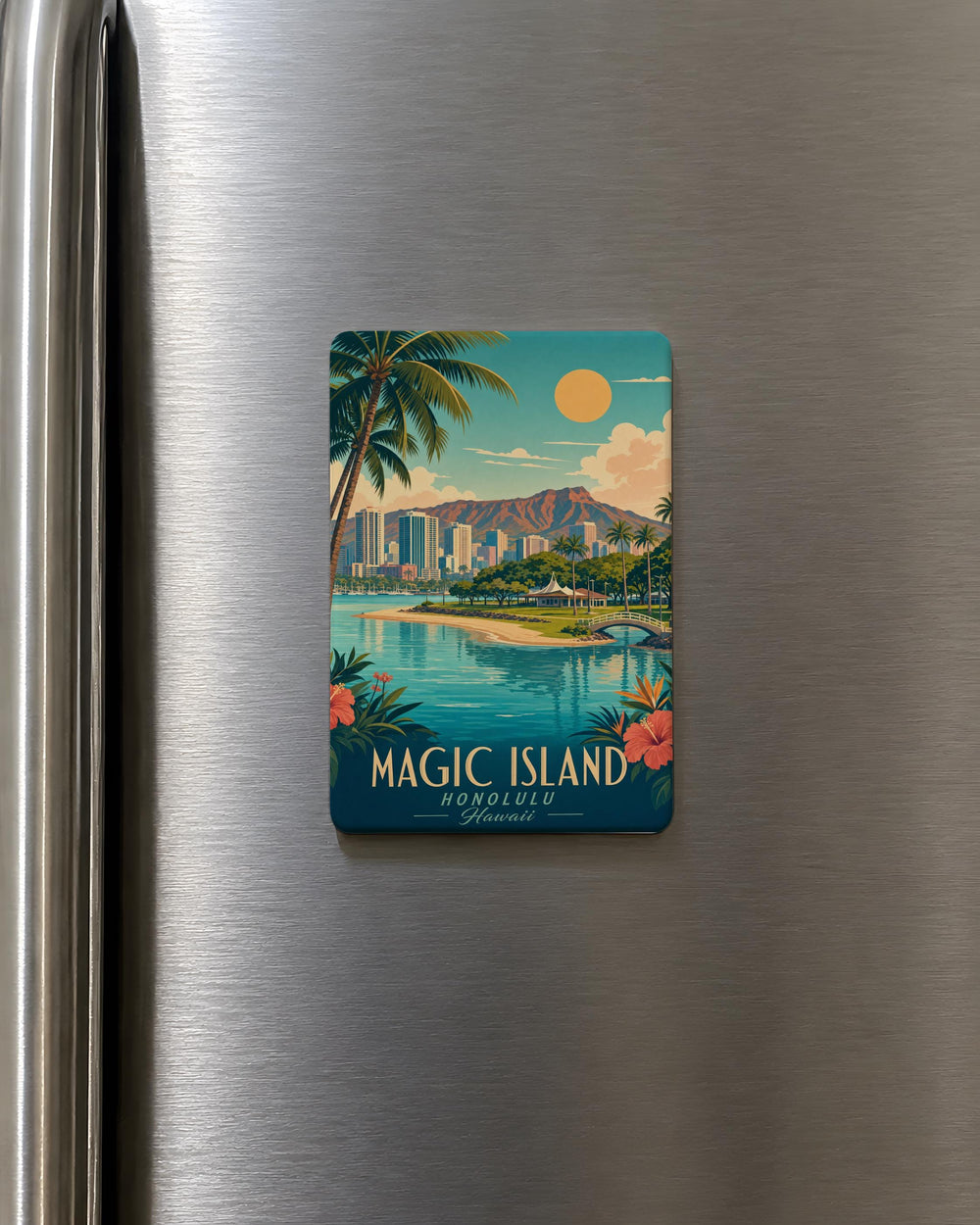 Magic Island Fridge Magnet, Tropical Island Paradise, Palm Trees Beach Ocean Scene Souvenir Magnet, Hawaii Island Gift