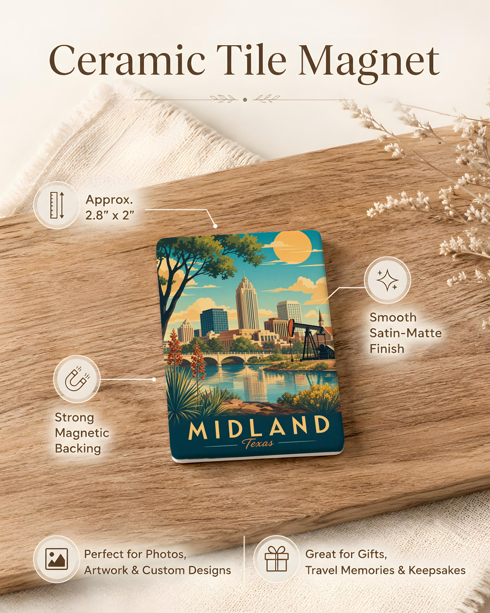 Midland TX Fridge Magnet, Midland Texas Souvenir Magnet, West Texas Travel Gift, City Landmark Keepsake Magnet