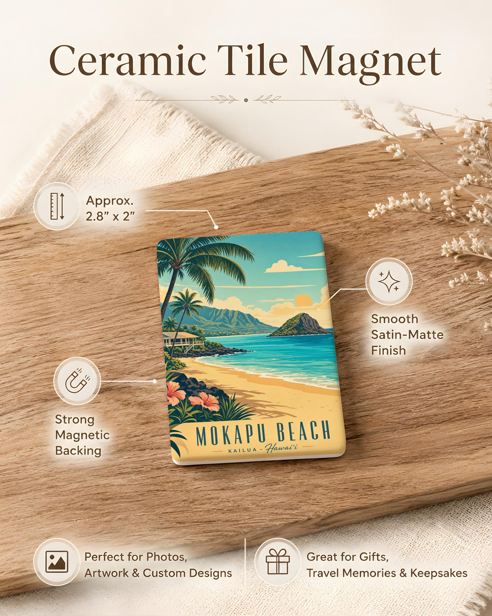 Mokapu Beach Fridge Magnet, Hawaii Coastal Shoreline Souvenir, Ocean Waves and Sandy Beach Decor Magnet