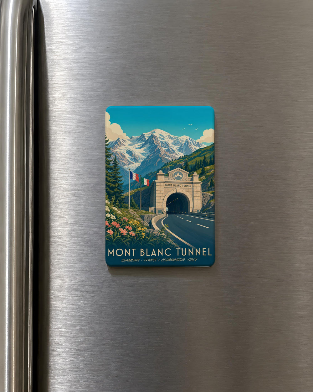Mont Blanc Tunnel Fridge Magnet, Alpine Mountain Pass Souvenir, France Italy Border Landmark Travel Keepsake
