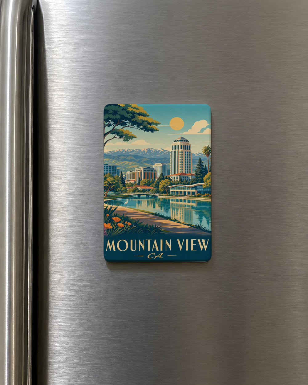 Mountain View CA Fridge Magnet, California City Souvenir Magnet, Mountain View Skyline Landmark Travel Gift