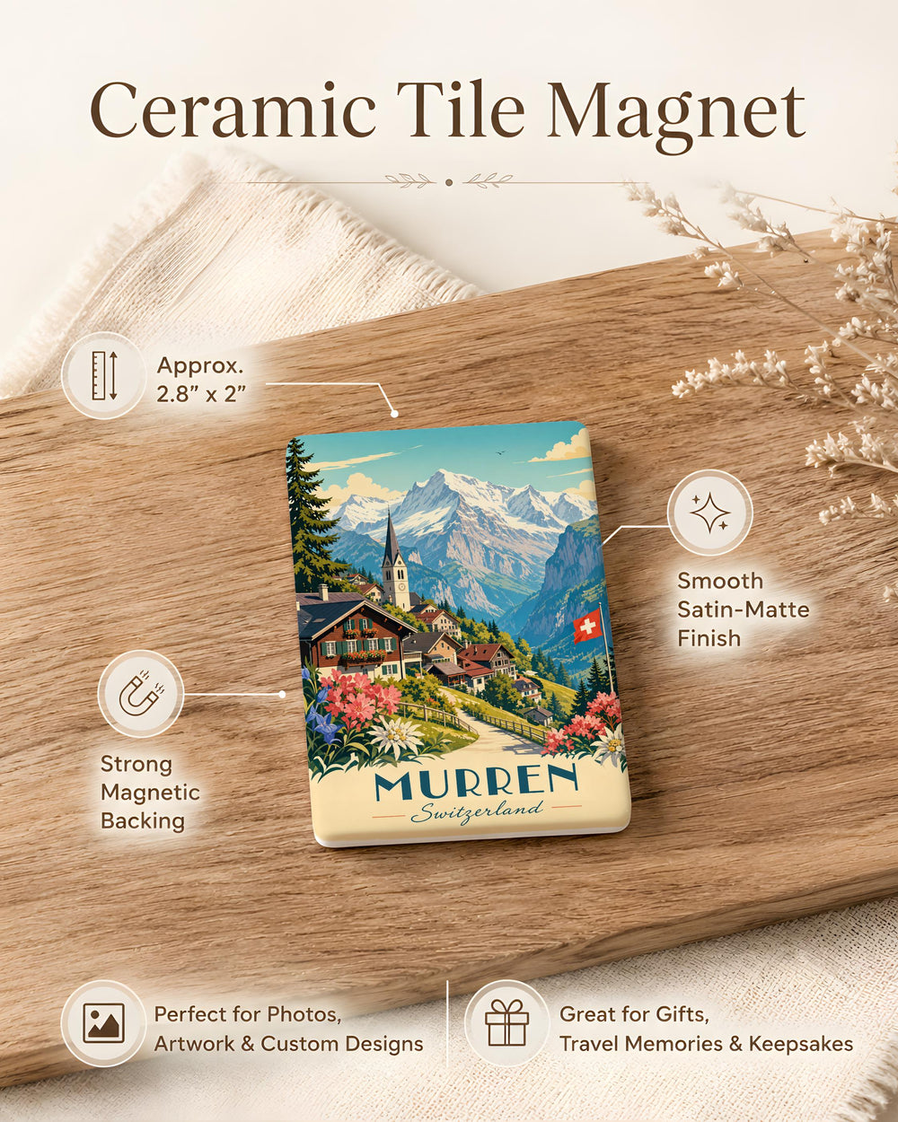 Murren Switzerland Fridge Magnet, Mürren Alpine Village Souvenir, Swiss Alps Mountain Travel Keepsake Magnet