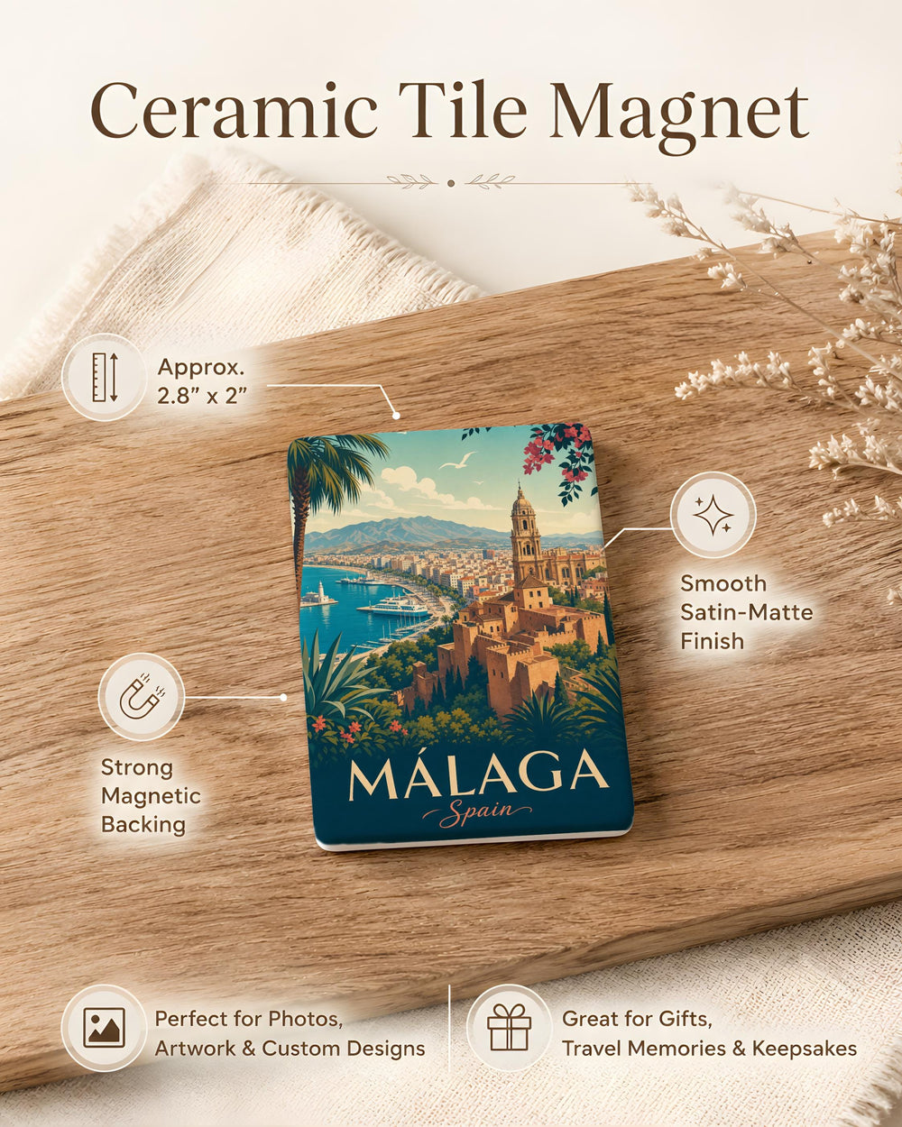 Málaga Spain Fridge Magnet, Málaga Travel Souvenir Magnet, Costa del Sol Spain Destination Keepsake Magnet