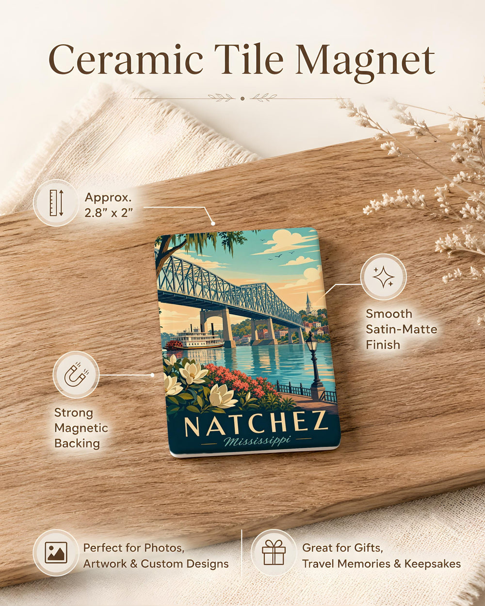 Natchez Bridge Fridge Magnet, Mississippi River Landmark Souvenir, Natchez Mississippi Travel Keepsake Magnet