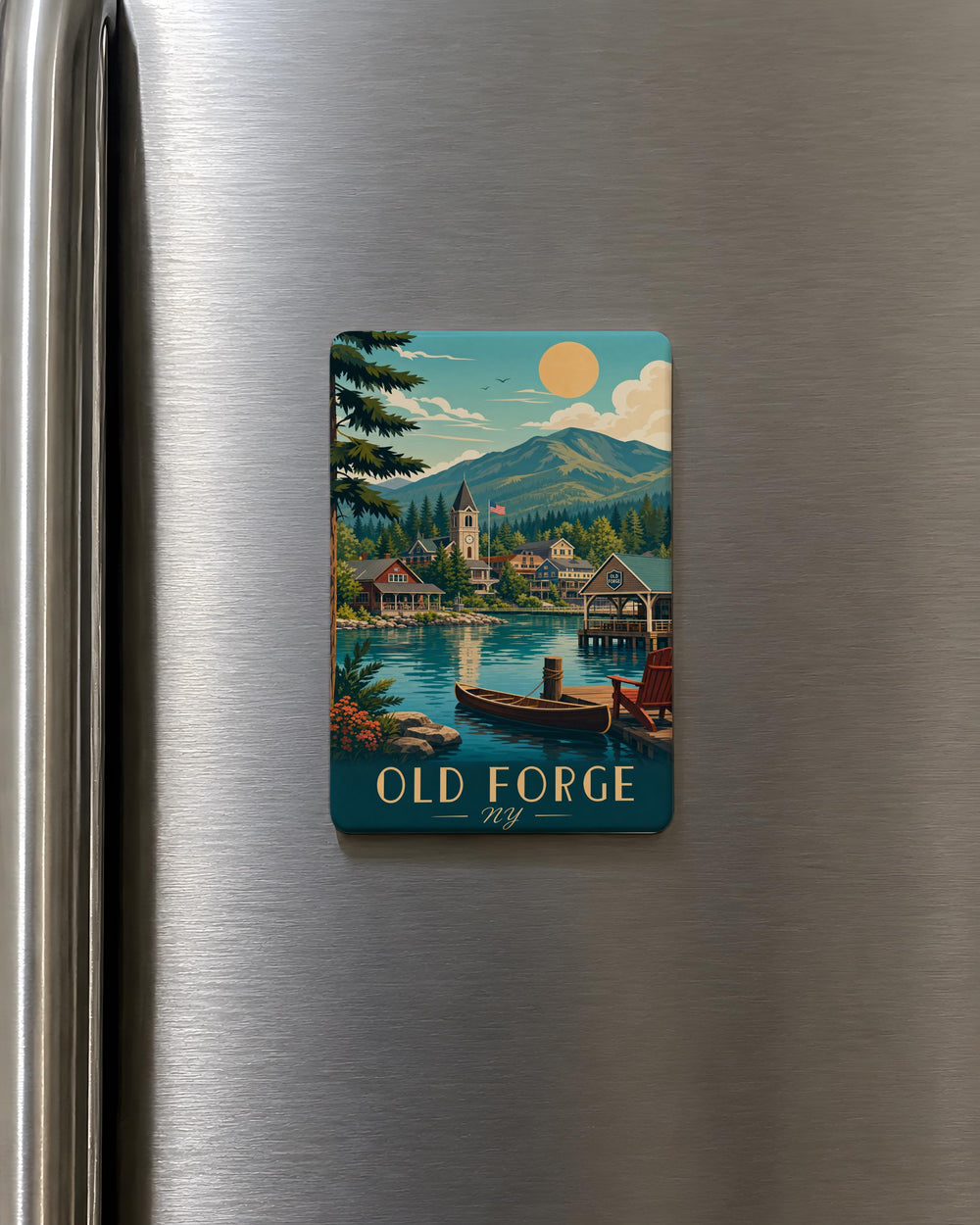 Old Forge NY Fridge Magnet, Adirondack Mountain Town Souvenir Magnet, New York Travel Keepsake Refrigerator Magnet