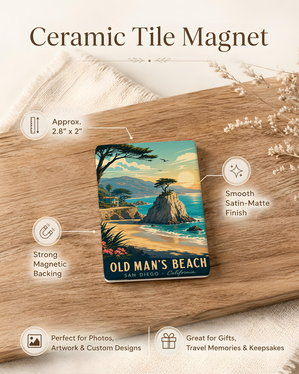Old Man’s Beach Fridge Magnet, Old Mans Beach Coastal Landmark Souvenir, Beach Scene Refrigerator Magnet Gift