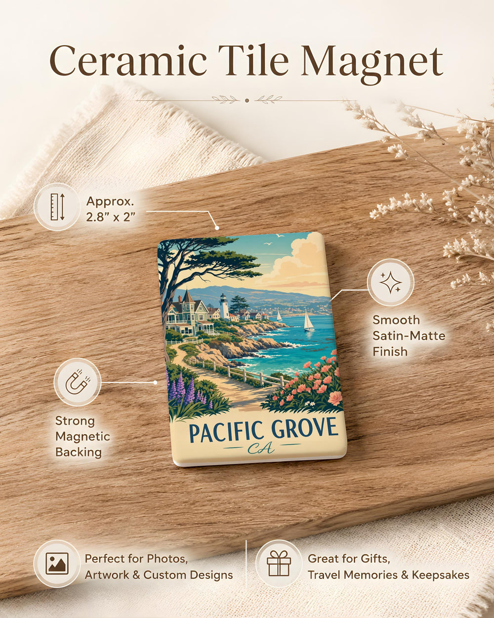 Pacific Grove CA Fridge Magnet, California Coastal Town Souvenir Magnet, Monterey Peninsula Travel Keepsake Gift