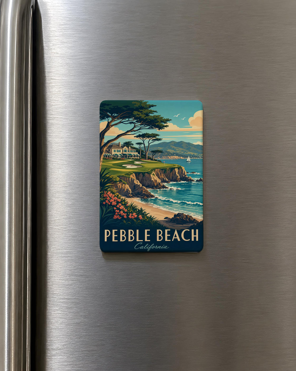Pebble Beach CA Fridge Magnet, Pebble Beach California Souvenir Magnet, Monterey Peninsula Coastal Landmark Magnet