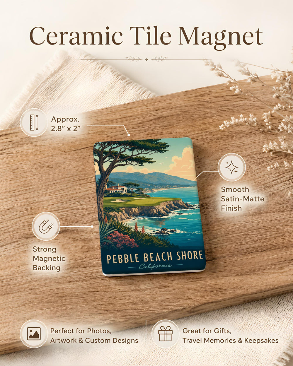 Pebble Beach Shore Fridge Magnet, Coastal Beach Scene Souvenir Magnet, Ocean Shoreline Kitchen Decor Magnet